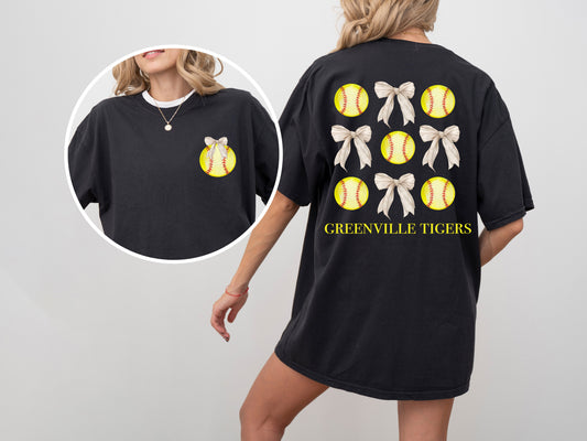 Short Sleeve Softball Greenville Tigers Coquette Bow Shirt