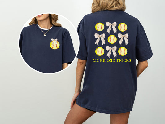 Short Sleeve Softball Mckenzie Tigers Coquette Bow Shirt